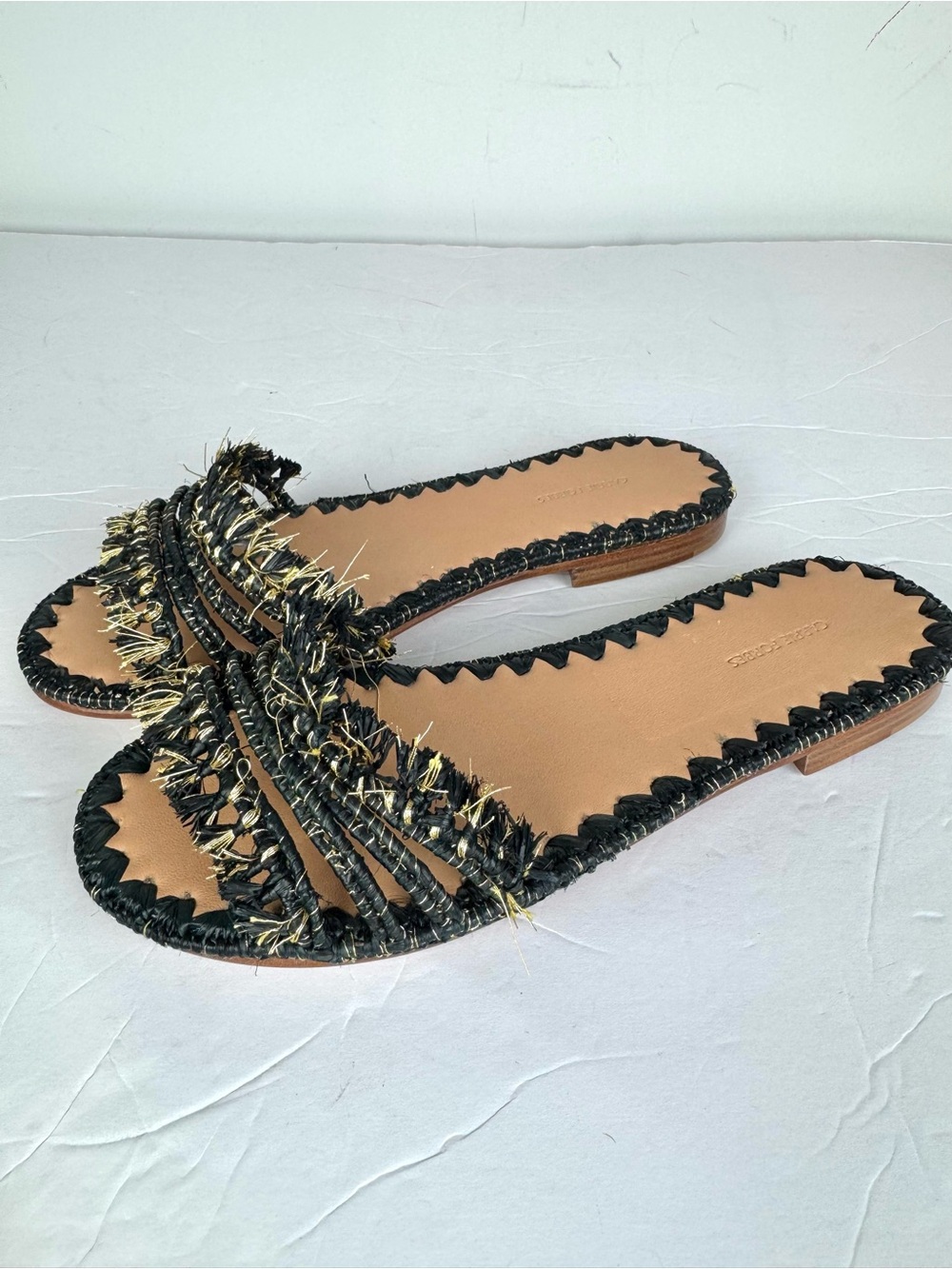 Carrie Forbes Black and Gold Mars Raffia Woven Slide Sandals Size 39 US 9 NEW